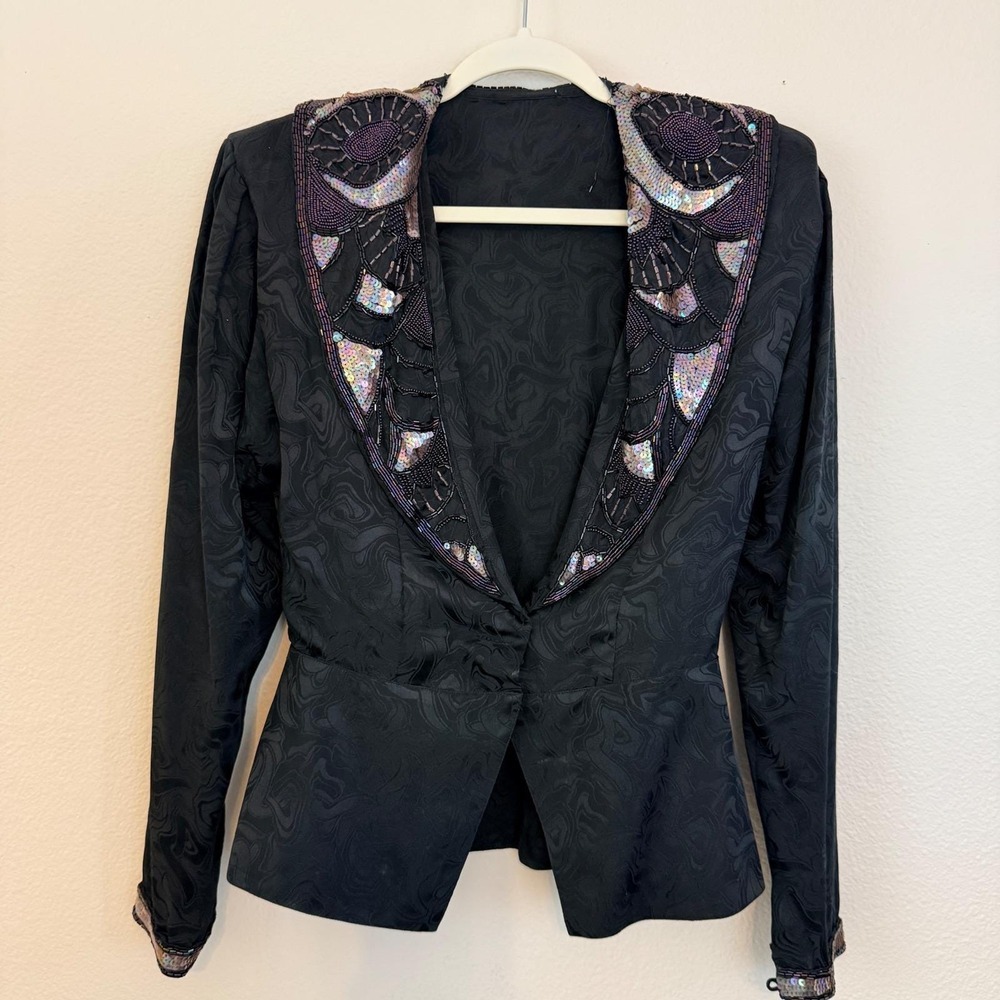 Vintage Silk Beaded Sequin Jacquard Evening Blazer Black Long Sleeve Jacket - Picture 10 of 14